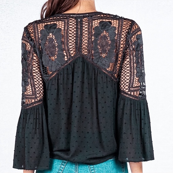 Black Swiss Dot Button Tie Front Bell-Sleeve Top - Picture 3 of 6